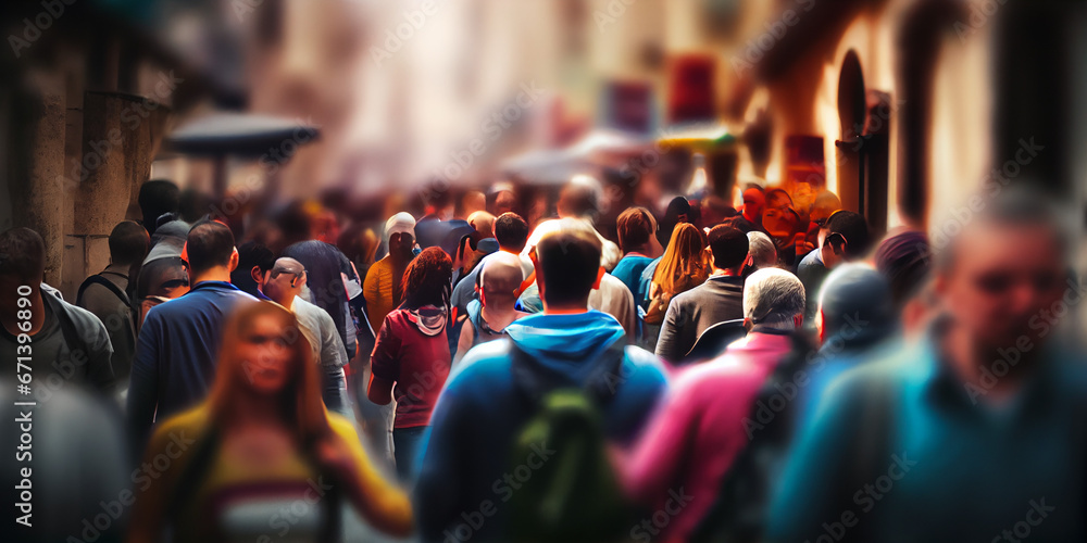 Tourist street. Crowd of unrecognizable people, abstract illustration.