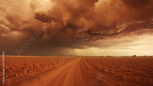 A sky dominated by an impending dust storm, the horizon blurred and colors taking a sepia tone.