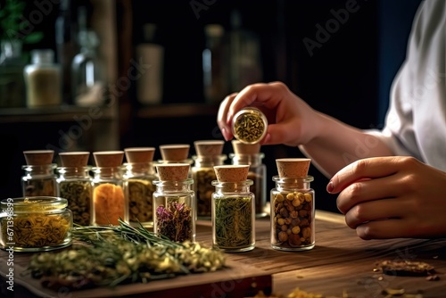 Herbs and spices in a glass jar