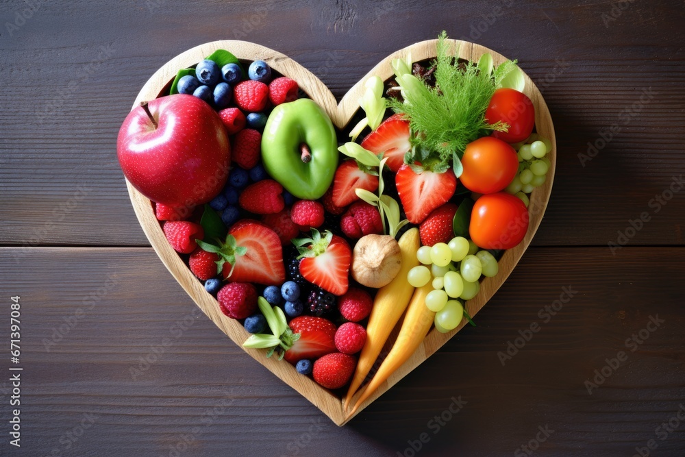 Heart made of fresh fruits and vegetables on wooden background Heart made of fresh fruits and vegetables on wooden background