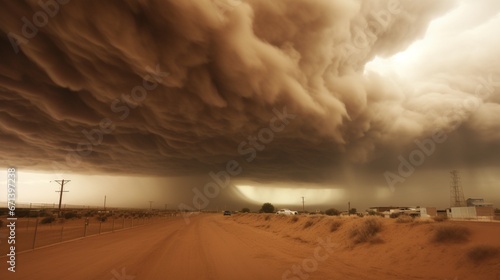 A sky dominated by an impending dust storm  the horizon blurred and colors taking a sepia tone.