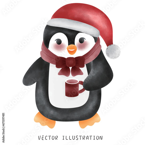 Adorable Penguin in Red Hat and Scarf Enjoying Christmas Coffee