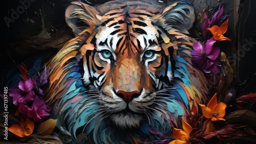 Animal head portrait painting of a tiger with colorful colors