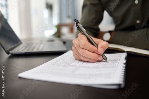 Documents, accounting and hands of business man in office for checklist, planning and finance. Tax, payment and budget report with closeup of person for investment, survey and invoice paperwork photo