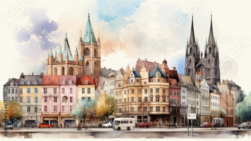 An illustration of Cologne s old town in colorful watercolors  isolated on a white background