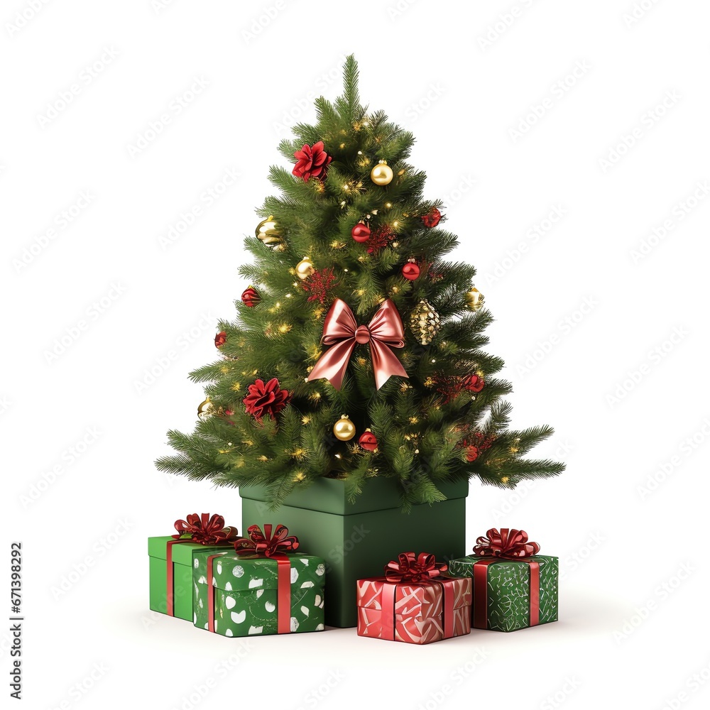 Christmas tree and gifts isolated on white background