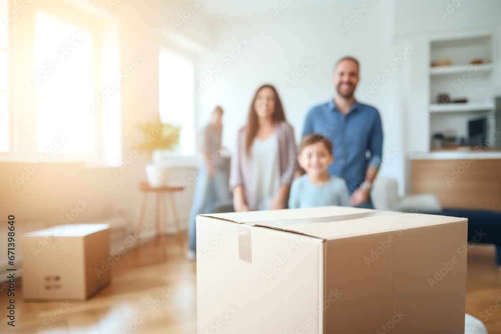 New apartment with cardboard boxes and blurred happy family on background. Concept of mortgage, real estate and home loan. Moving day New apartment with cardboard boxes and blurred happy family on background. Concept of mortgage, real estate and home loan. Moving day