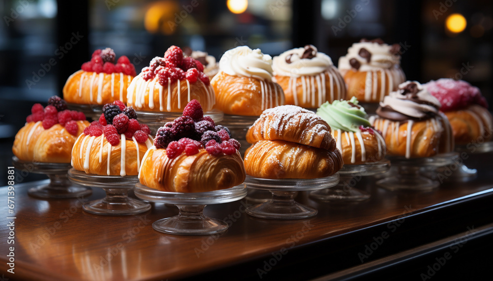 assortment of fresh pastries on the table in a pastry shop