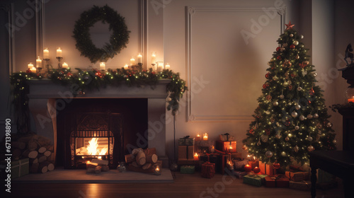 A Christmas-inspired fireplace interior living room. Generative AI