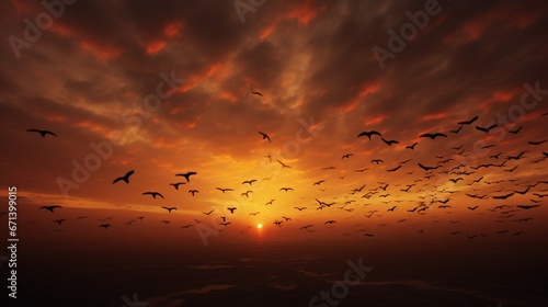 A sky filled with migrating birds, their formations creating silhouettes against the evening glow. © Ahmad