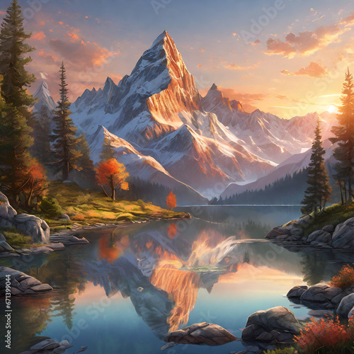 world mountain day, serene mountain sunrise scene, where the first light of day touches the towering peaks, evoking a sense of tranquility and wonder."