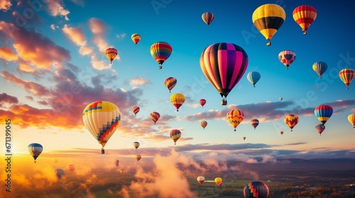 A sky filled with colorful hot air balloons, each floating at different altitudes, creating a mosaic of hues.