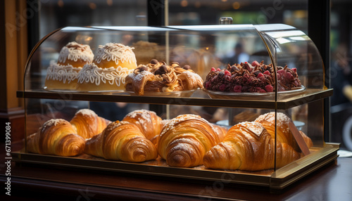 Group of pastries in a shop window in Paris, France.