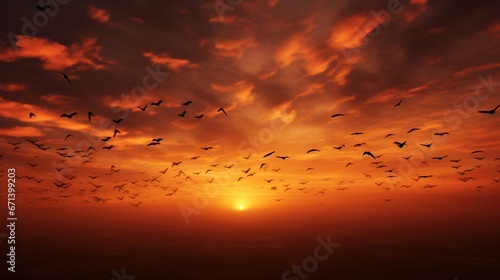 A sky filled with migrating birds  their formations creating silhouettes against the evening glow.
