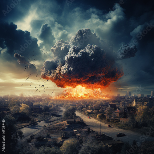 Nuclear fire mushroom cloud in an apocalyptic war, ai technology