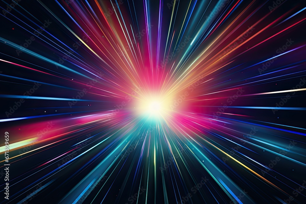 Obraz premium Prismatic Pulse: Abstract Dark Background with Colorful Light Rays and Stripes