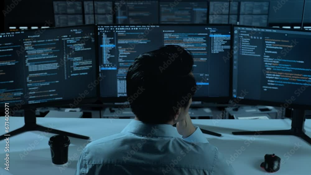 Back View Of Asian Man Developer Thinking About Something Then Raising His Index Finger While Write Code With Multiple Computer Screens In The Office
Back View Of Asian Man Developer Thinking About Something Then Raising His Index Finger While Write Code With Multiple Computer Screens In The Office