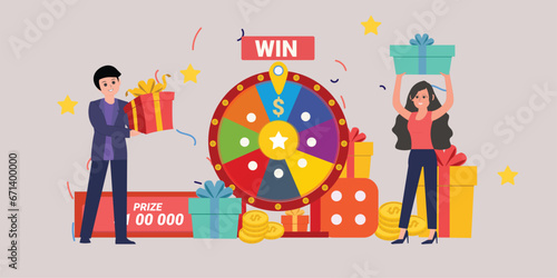 Fortune wheel with people. Man and woman spinning roulette wheel. Risk game and casino lottery vector concept. Illustration of winner people woman and man in casino , Win the contest