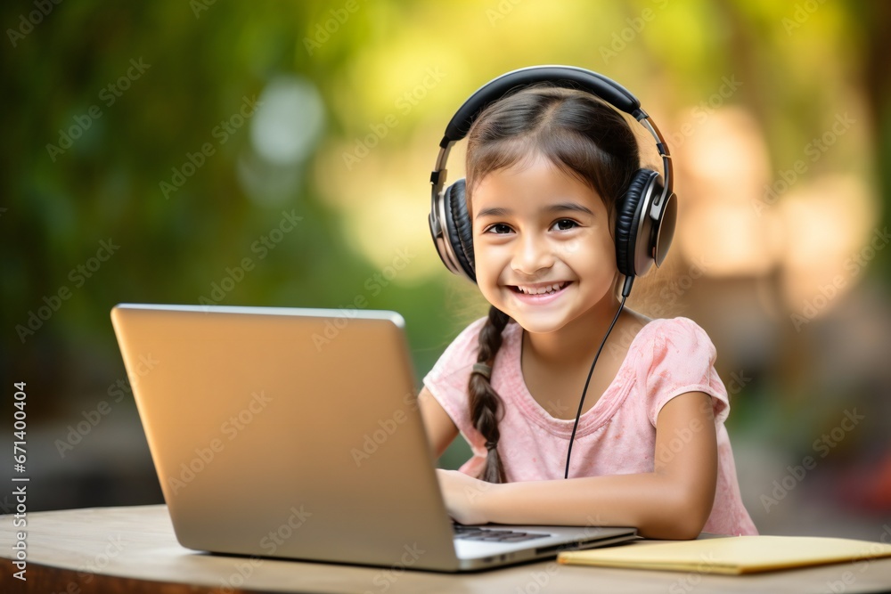 A young Indian girl is attending online school or classes. Learning at home concept in India. outside A young Indian girl is attending online school or classes. Learning at home concept in India. outside