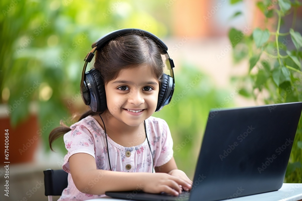 A young Indian girl is attending online school or classes. Learning at home concept in India. outside A young Indian girl is attending online school or classes. Learning at home concept in India. outside