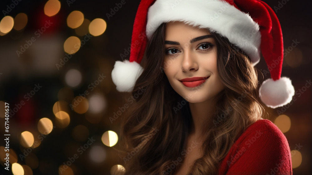 A young woman dresses in a Christmas costume for the Christmas festival.
A young woman dresses in a Christmas costume for the Christmas festival.