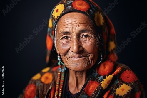 Portrait of an old woman wearing traditional clothes. Close up.