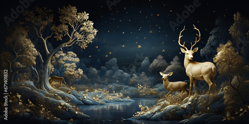  Night dark blue scene of the forest with a deer trees stars and deer wallpaper AI Generative 