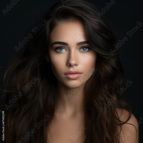 Beautiful young woman with eyelash extensions on dark background, ai technology