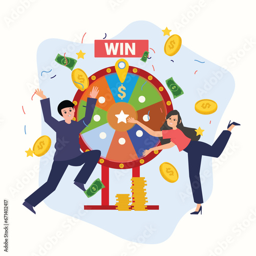 Fortune wheel with people. Man and woman spinning roulette wheel. Risk game and casino lottery vector concept. Illustration of winner people woman and man in casino , Win the contest