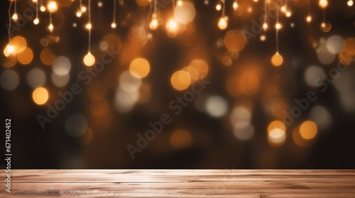 Banner decoration of wooden floors or Christmas tables or festive tables with orange lights and beautiful bokeh.