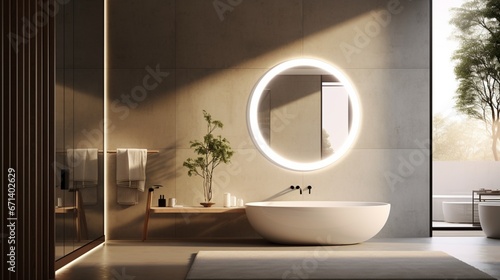 A sleek, round bathroom mirror with a built-in LED ring, illuminating its surroundings, set on a spotless white tableau. photo