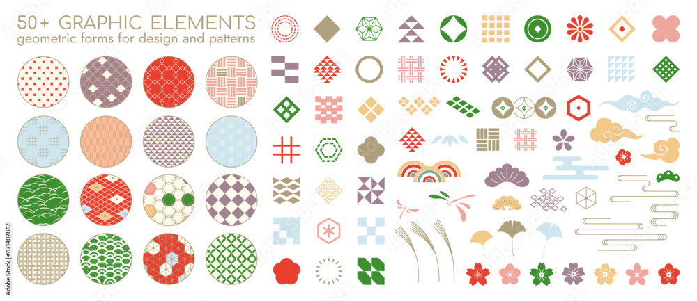 Set of Oriental Vector Elements. Geometric Modern Patterns with Chinese, Japanese, and Korean Symbols. Abstract Designs with Sakura, Bamboo, and Knots for Logo, Poster, and Vintage Style Presentation.