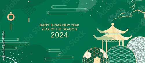 Golden Aesthetic Banner Background for 2024 Chinese New Year of Wood Dragon. Premium Traditional Vector Oriental Background with Japanese Elements, Oriental Pagoda and Chinese Charms and Asian Decor.