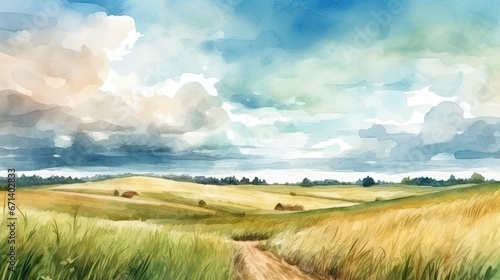 Landscape with meadow  road and clouds. Digital painting