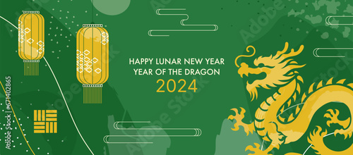 Golden and Green Banner Background for 2024 Chinese New Year of Wood Dragon. Premium Traditional Vector Oriental Background with Japanese Elements, Chinese Festival Lanterns and Asian Zodiac Dragon.