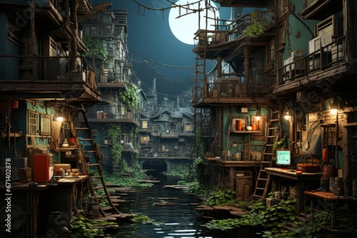 Fantasy realism, narrow cosy waterway in beautiful overgrown futuristic sci-fi city in harmony