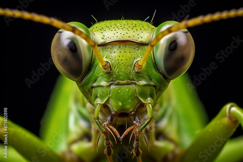 Close-up shot of green grasshopper, praying mantis, insect. © Gun