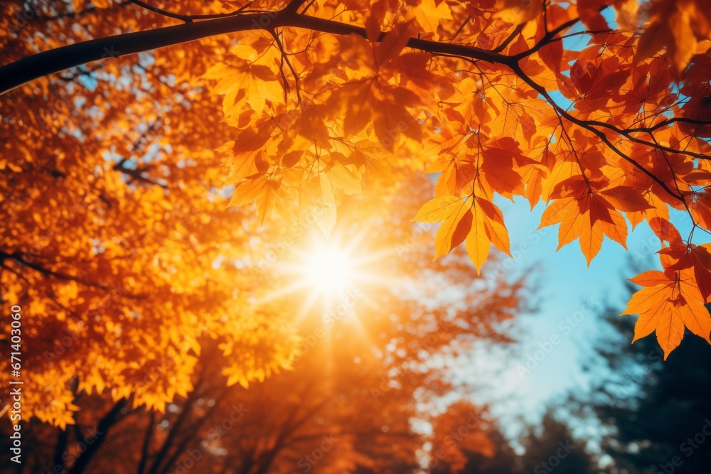 Autumn leaves background with sun rays and bokeh effect Autumn leaves background with sun rays and bokeh effect