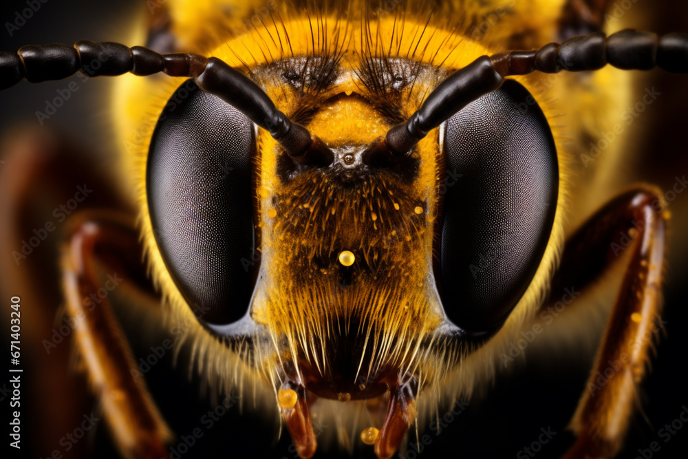 A close-up image of a bee with the head of the bee clearly visible. - obrazy, fototapety, plakaty 