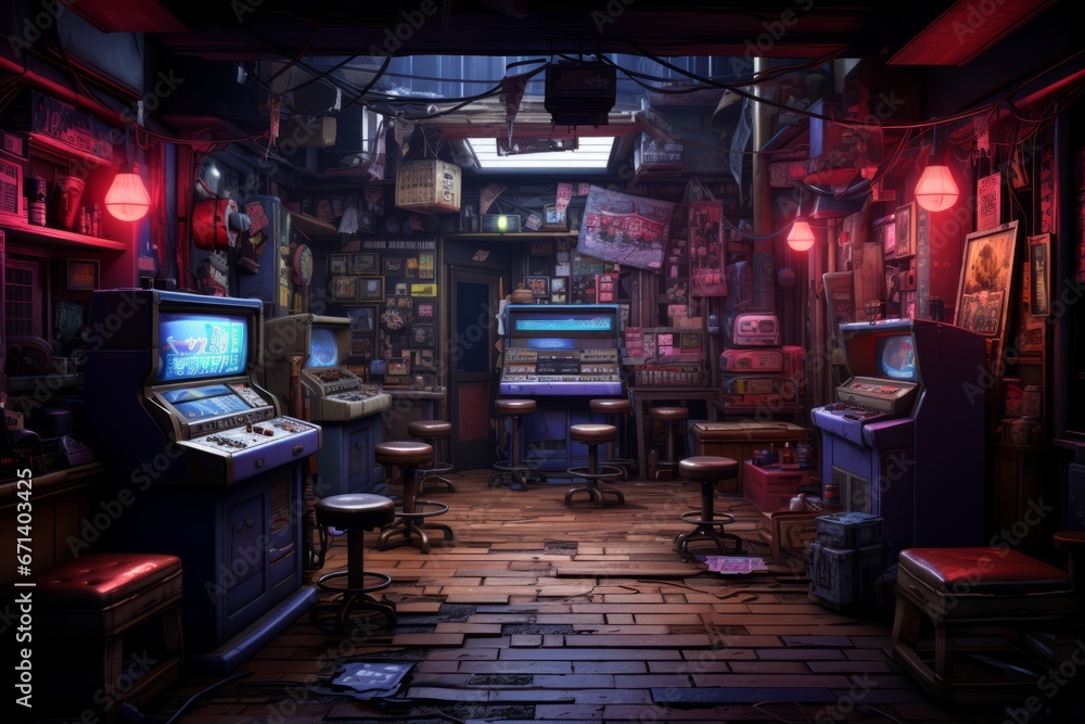 Cyberpunk Interior shop with illumination and atmospheric lighting in adrak and gritty 3d scene