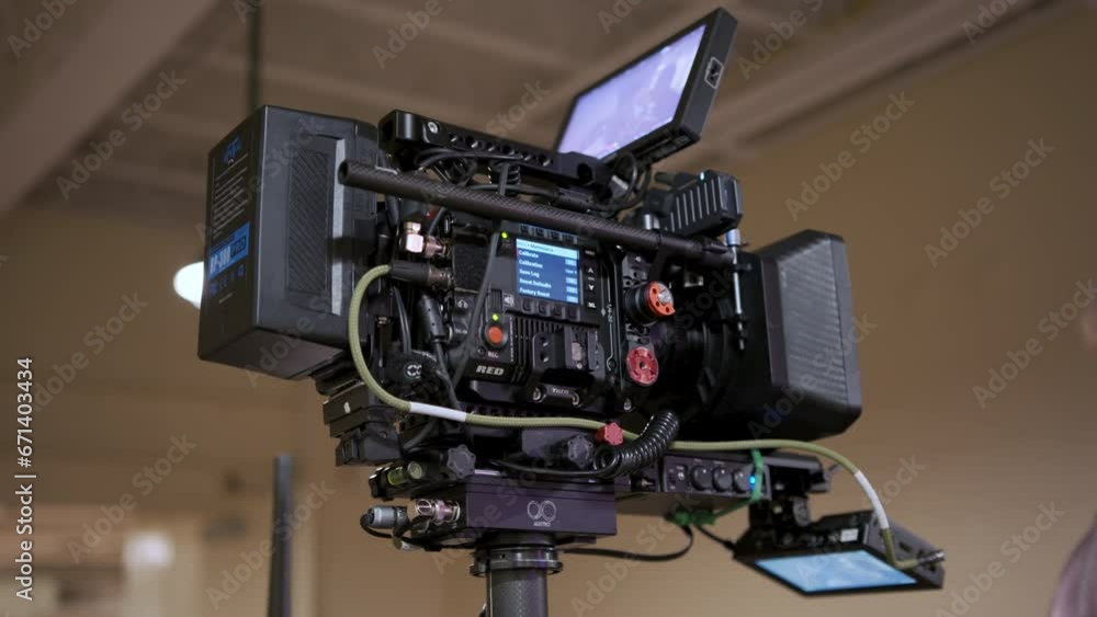 Close up of Professional digital cinema camera with set of steadicam in studio background. Naperville IL. USA. 29 May 2023 Close up of Professional digital cinema camera with set of steadicam in studio background. Naperville IL. USA. 29 May 2023