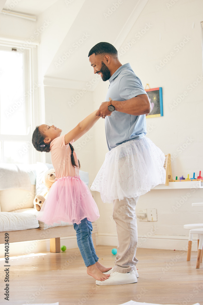 Ballet dance, father and happy kid play pretend game, learning routine steps and enjoy home fun, support and bond. Holding hands, Halloween fantasy costume and ballerina child and family dad playing Ballet dance, father and happy kid play pretend game, learning routine steps and enjoy home fun, support and bond. Holding hands, Halloween fantasy costume and ballerina child and family dad playing