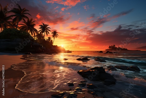 Romantic sunset on the beach tropical paradise background
