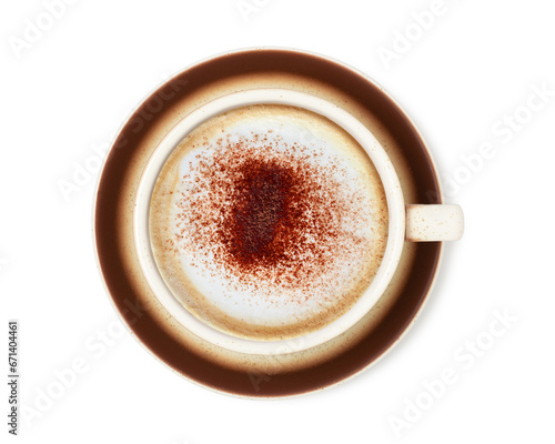 Cappuccino coffee in a coffee cup top view  isolated on white background.
