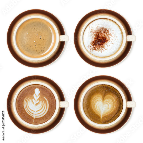 Coffee cup assortment top view collection, coffee cup assortment top view collection isolated on white background.