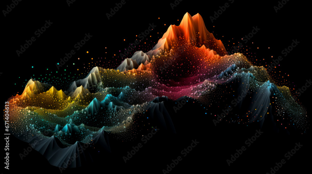 Colorful digital facet or particles, in the shape of sound waves or mountain, on black background - obrazy, fototapety, plakaty 