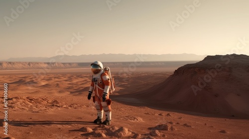 Astronaut in a spacesuit standing on Mars, Earth visible on the horizon, the vastness of space and the isolation of space travel, Photography, high-resolution