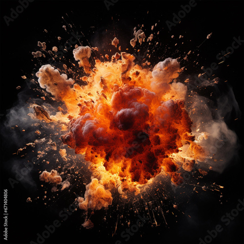 Fiery bomb explosion with sparks isolated on black background, ai technology
