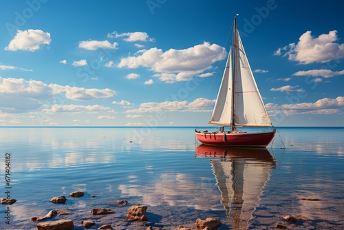 Sailing boat on a calm ocean blue sky peaceful
