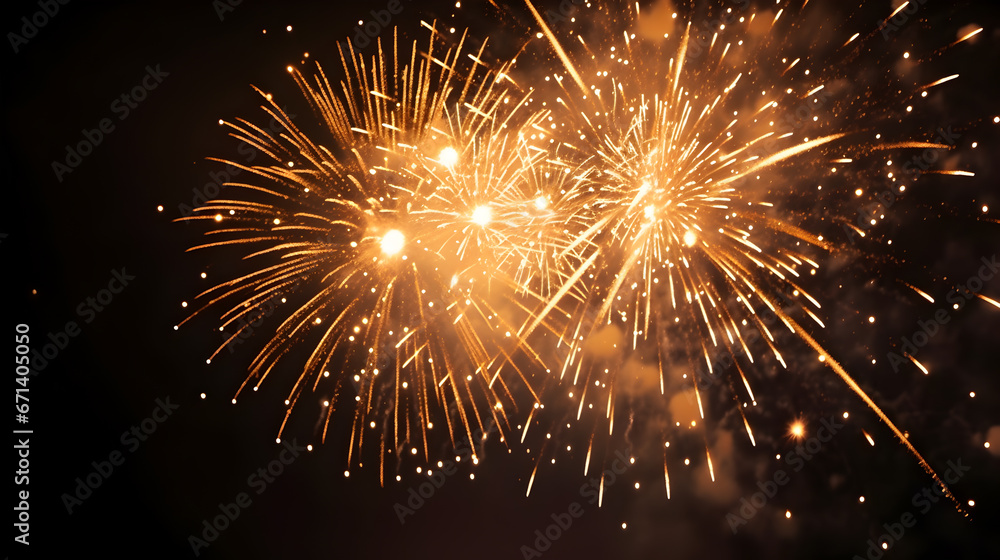 Obraz premium HAPPY NEW YEAR 2024 - Celebration New Year's Eve, Silvester 2024 holiday background panorama greeting card - Golden firework fireworks pyrotechnics on dark night sky..